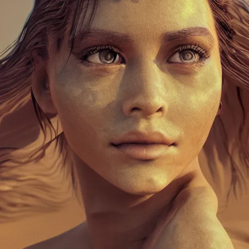 Prompt: a gorgeous goddess face arising out of the desert sand, photorealistic, beautiful dynamic dramatic, shadows, cinematic atmosphere, octane render, 8 k
