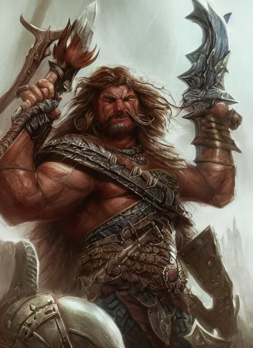 Image similar to barbarian, ultra detailed fantasy, dndbeyond, bright, colourful, realistic, dnd character portrait, full body, pathfinder, pinterest, art by ralph horsley, dnd, rpg, lotr game design fanart by concept art, behance hd, artstation, deviantart, hdr render in unreal engine 5