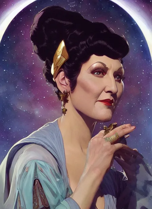 Image similar to a painting of majel barrett as lwaxana troi, space empress. beautiful art by artgerm and greg rutkowski and alphonse mucha