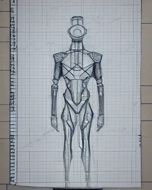 Prompt: pencil drawing of a male cyborg, monochrome, technical drawing, blueprints, grid paper