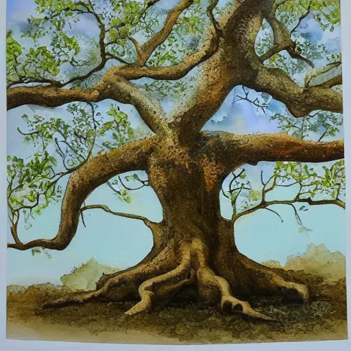 Prompt: an old oak, from root to leaves, trending on artstation, water color on canvas
