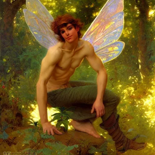 Image similar to attractive male fairy with wings in the forest, posing. highly detailed painting by gaston bussiere, craig mullins, j. c. leyendecker, 8 k