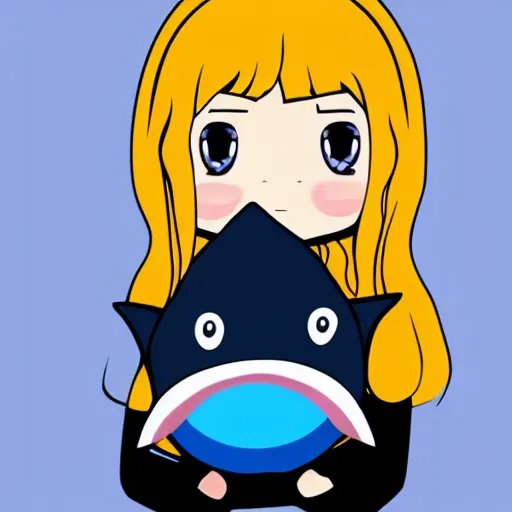 Image similar to a blonde girl in a black hoodie holding a blue-shark-stuffed-animal, anime style digital art