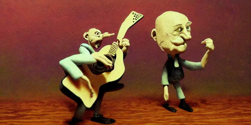 Prompt: a old man playing guitar, surrealistic detailed claymation art, moody, foggy