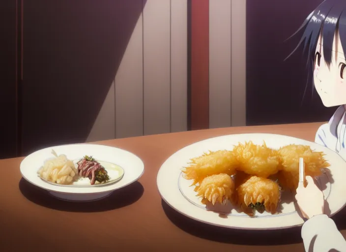 Prompt: a film still portrait of a plate with japanese food tempura, finely detailed features, closeup at the food, perfect art, at a dinner table, gapmoe yandere grimdark, trending on pixiv fanbox, painted by greg rutkowski makoto shinkai takashi takeuchi studio ghibli, akihiko yoshida