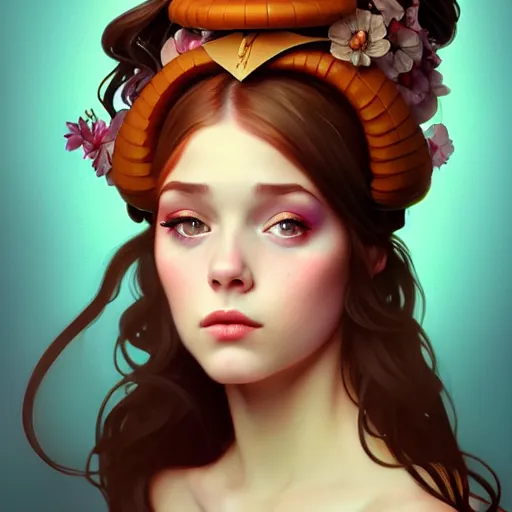 Image similar to portrait of a girl with a bundt cake on her head, digital art, cinematic, concept art, 8k, painting, imaginefx, cgsociety, art nouveau, Alphonse Mucha, trending on artstation