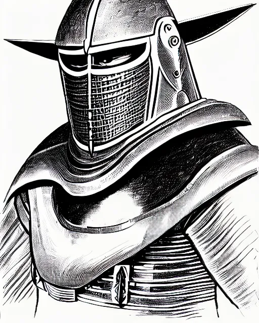 Prompt: a line drawing of an old knight by basil wolverton, trending on artstation, realistic rendering