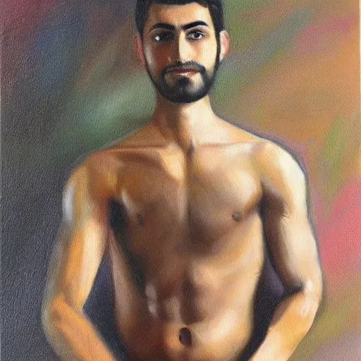 Prompt: oil painting of a persian - looking guy in his mid - 2 0 s standing on all fours, farting