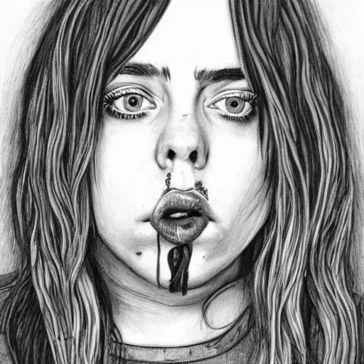 Image similar to grunge drawing of billie eilish in the style of the shining