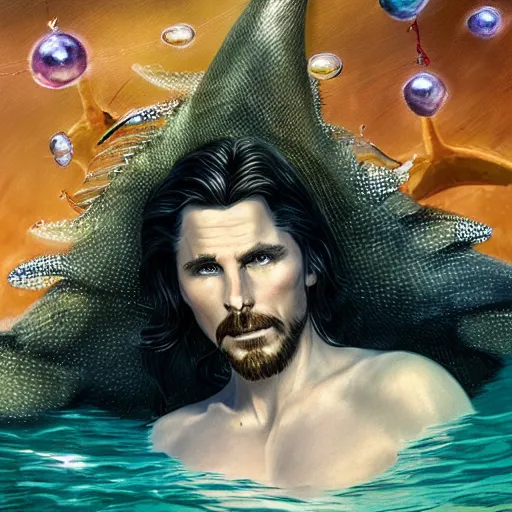 Image similar to christian bale portrait, fantasy, mermaid, hyperrealistic, game character, underwater, highly detailed, sharp focus, cinematic lighting, pearls, glowing hair, shells, gills, crown, water, highlights, starfish, jewelry, realistic, digital art, pastel, magic, fiction, ocean, king, colorful hair, sparkly eyes, fish, heroic, god, waves, bubbles, king