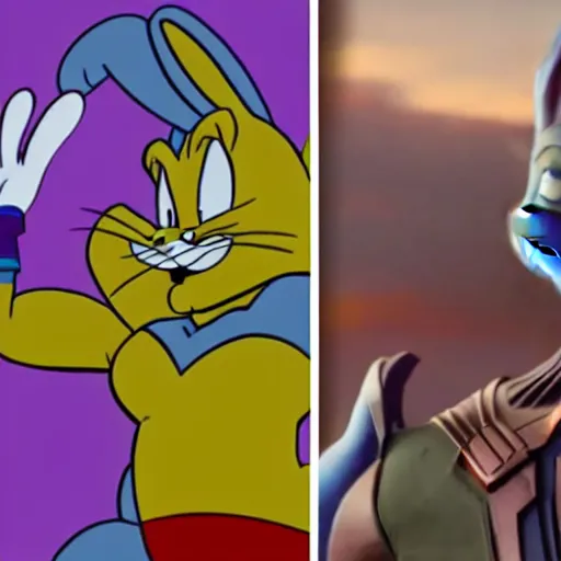 Image similar to bugs bunny vs thanos, ultra realistic, cinematic