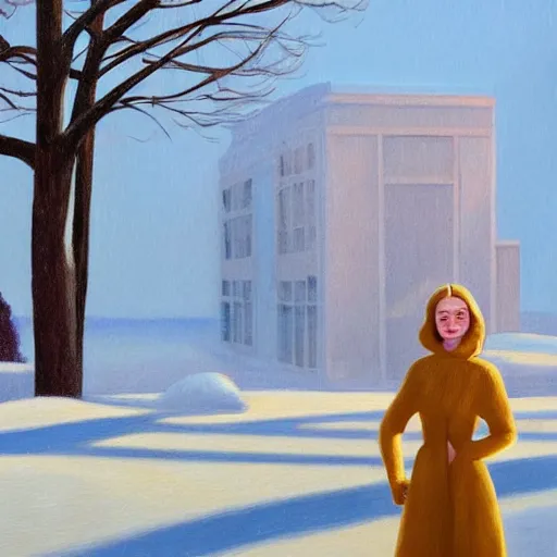 Prompt: Elle Fanning, head and shoulders masterpiece, in the snow, golden hour, in a garden, artstation, in the style of Art Deco and Edward Hopper