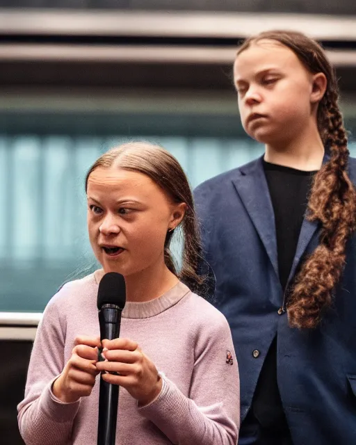 Image similar to film still close - up shot of greta thunberg giving a speech in a train station full of raw meat. photographic, photography