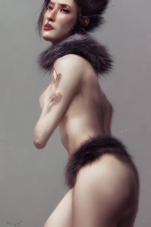 Image similar to A fancy portrait of an attractive women with fur Under garments by Greg Rutkowski, beeple, Sung Choi, Mitchell Mohrhauser, Maciej Kuciara, Johnson Ting, Maxim Verehin, Peter Konig, final fantasy, macro lens , 8k photorealistic, cinematic lighting, HD, high details, dramatic, dark atmosphere, trending on artstation