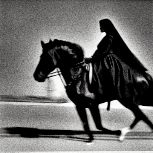 Image similar to An aristocrat young lady with a black cloak is riding a dark horse from distance, Kodak TRI-X 400, dark mood, melancholic,