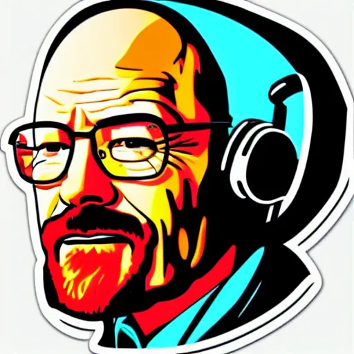 Image similar to a breaking-bad-walter-white, svg sticker, vector art, wearing headphones, jamming to music