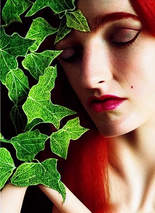 Image similar to “ a beautiful portrait of daria strokous as poison ivy kissing batman, highly detailed, in the style of cinematic, makeup by patmcgrath, greg rutkowski ”