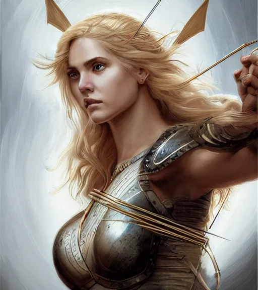 Image similar to portrait of astonishing aphrodite goddess as an archer warrior, arrow, beautiful piercing eyes, flowing blonde hair, realistic face, black and white drawing, in the style of greg rutkowski, fantasy, amazing detail, epic, intricate, elegant, smooth, sharp focus