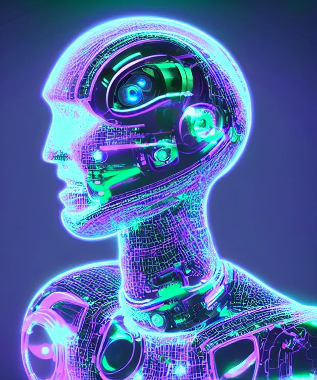 Image similar to a robotic head with artificial intelligence, connected to a lot of iridescent cables, generating the most beautiful image in a holographic monitor, in the style of Oscar chichoni and Peter mohrbacher and Dawid planet