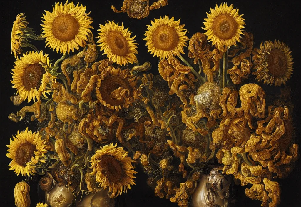 Image similar to dutch golden age bizarre sunflower portrait made from flower floral still life with many perceptive eyes very detailed fungus disturbing fractal forms sprouting up everywhere by rachel ruysch black background chiaroscuro dramatic lighting perfect composition high definition 8 k 1 0 8 0 p oil painting with black background by christian rex van dali todd schorr of a chiaroscuro portrait recursive masterpiece
