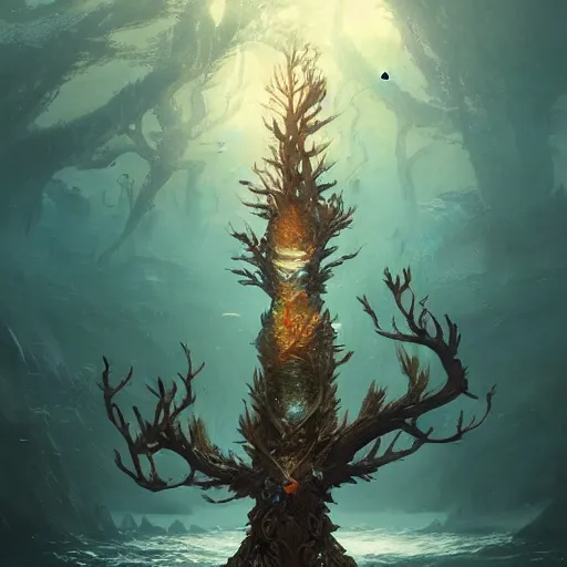 Image similar to a tree in the shape of a fish, in a sea, by greg rutkowski, trending on art station, highly detailed, magic the gathering, matte painting