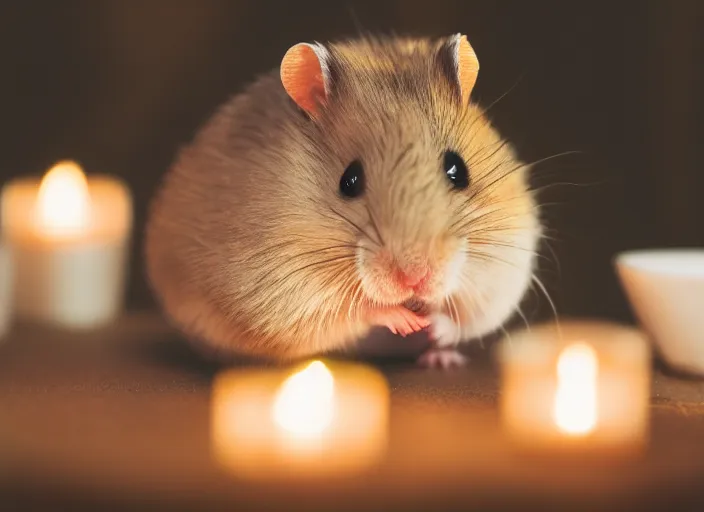 Prompt: photo of a hamster various michelin dishes, at night, candlelit restaurant table, various poses, unedited, soft light, centered, sharp focus, 8 k