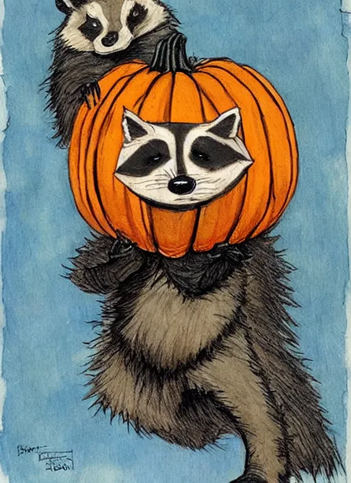 Image similar to halloween pumpkin in the shape of a raccoon by Rebecca Guay art, high quality, highly detailed,