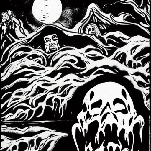 Image similar to ghosts, spirits on bayou, heavy ink, moon in sky, green, mike mignola