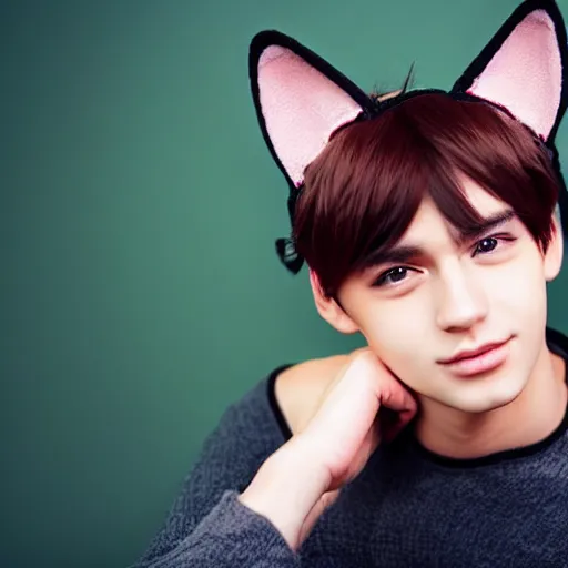 Image similar to A pretty catboy in his twenties with realistic cat ears
