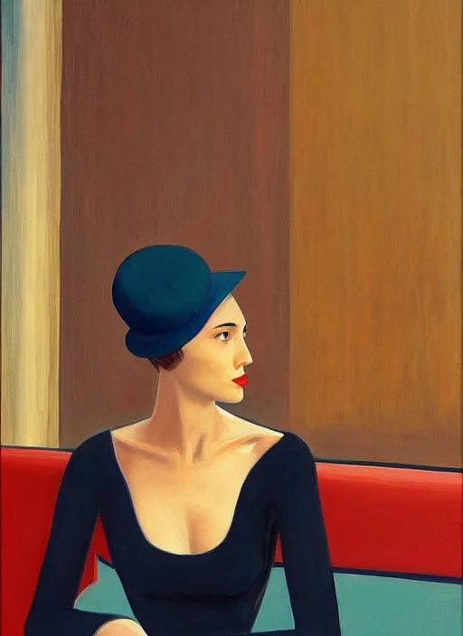 Prompt: Gal Gadot wearing round glasses and tall red cylinder hat sitting at an empty art deco bar painting by Edward Hopper and James Gilleard, Zdzislaw Beksinski highly detailed