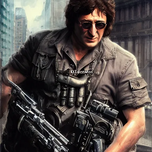 Image similar to john lennon as frank castle the punisher, ultra realistic, concept art, intricate details, highly detailed, photorealistic, octane render, 8 k, unreal engine, art by frank frazetta, simon bisley, brom