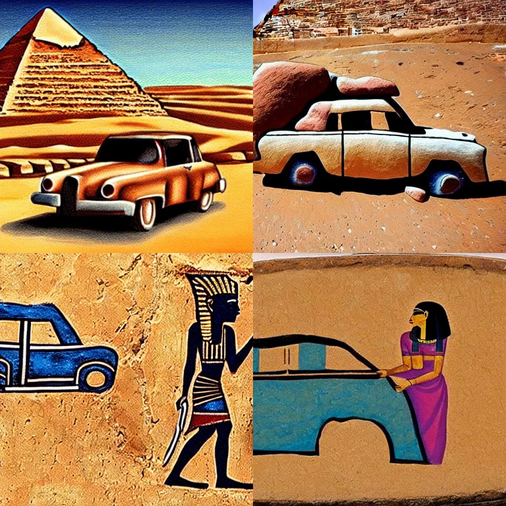 Prompt: egyptian rides in a car behind the wheel, rock painting in fresco