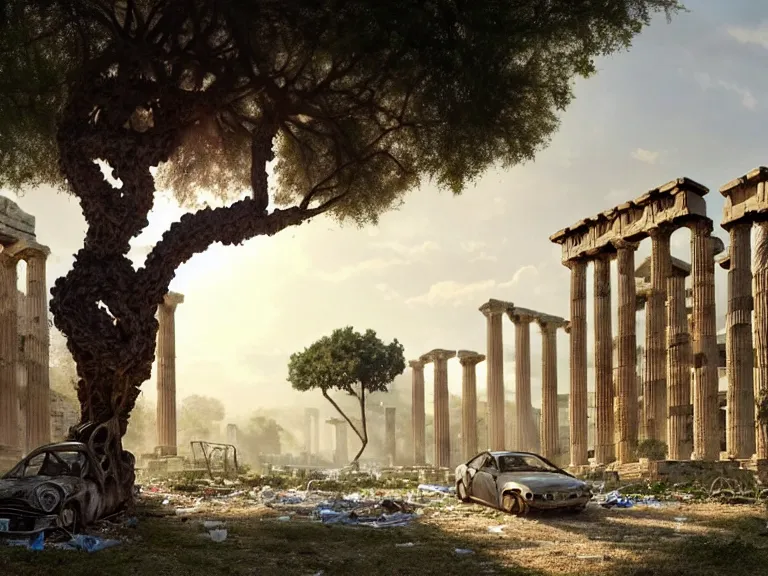 Image similar to tree growing in ancient greek ruins, gray wasteland, many scrap cars, plastic waste, rubble, pillars, flowers, vines, hyperrealistic, highly detailed, cinematic, single ray of golden sunlight, beautiful, cgssociety, artstation, 8 k, oil painting by greg rutkowski, by artgerm, by wlop