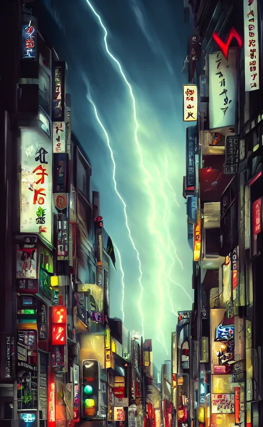 Prompt: tokyo street, lightning bolts in sky, dark sky by artgerm, illustration, trending on artstation, deviantart,