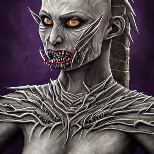 Image similar to portrait painting of a female demon with bone spike armor, grey stone skin made of brick, fangs showing, bald no hair, tattoos on forehead, unsettling, terrifying, horror, wearing flowing purple satanic robes D&D, fantasy, intricate, highly detailed, digital painting, artstation, concept art, smooth, sharp focus, illustration, art by artgerm and greg rutkowski and alphonse mucha