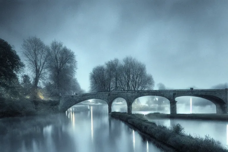 Image similar to masterpiece lomography photography of ( pont ambroix at ambrussum ), one single arch, realistic, detailed, cinematic lights, 8 k, long exposure, trees, fog in the background, monochromatic soft blue tones, by gustave courbet, moonlight, artstation, deviantart, fireflies