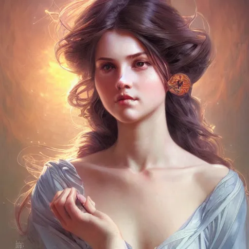 Image similar to portrait of a beautiful angel, fantasy, highly detailed, digital painting, artstation, concept art, smooth, sharp focus, illustration, art by artgerm and greg rutkowski and alphonse mucha