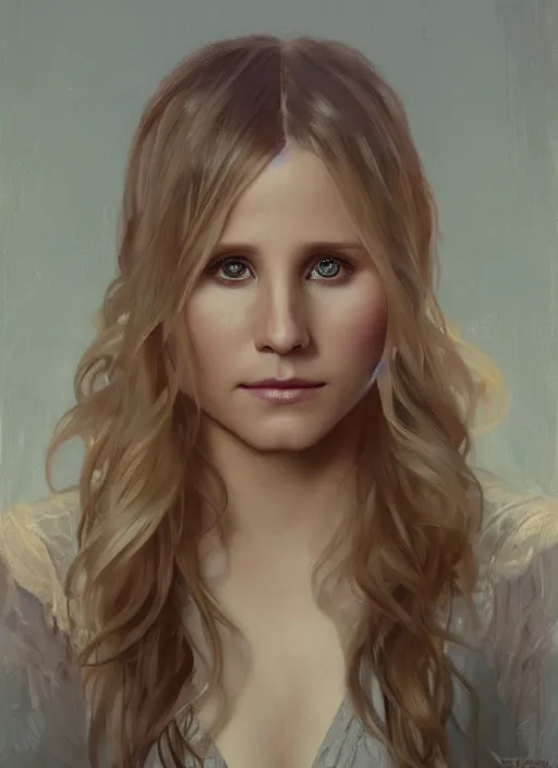 Image similar to beautiful portrait ofkristen bell, soft features, by magali villeneuve and greg rutkowski and artgerm and alphonse mucha and jeremy lipkin and michael garmash and rob hay, intricate, elegant, highly detailed, photorealistic, trending on artstation, trending on cgsociety, 8 k, sharp focus