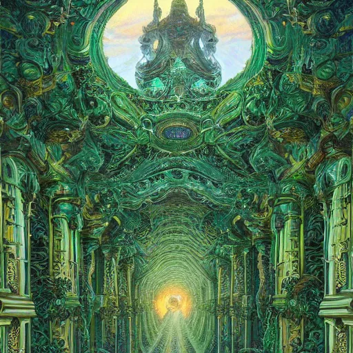 Image similar to a detailed oil painting by michael whelan and donato giancola of an intricate, ornate palace made of green, polished, swirling malachite and jade, hyper detailed, hd, artstation, beautiful sunrise lighting, surrounded by trees