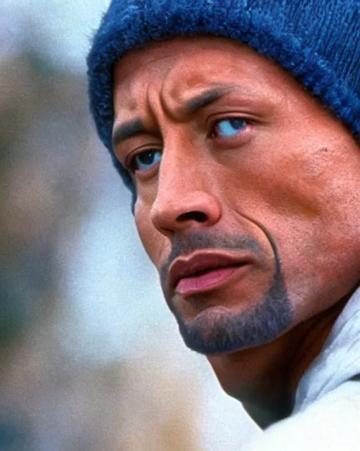 Image similar to Film still close-up shot of Dwayne Johnson as Rocky Balboa from the movie Rocky. Photographic, photography