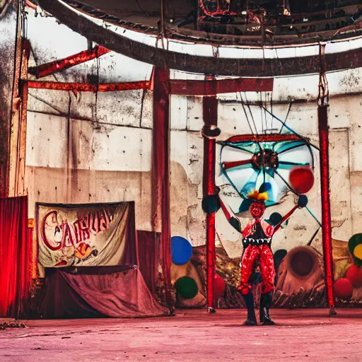 Image similar to abandoned circus, there is one clown in the middle of the stage, photograph, 50mm