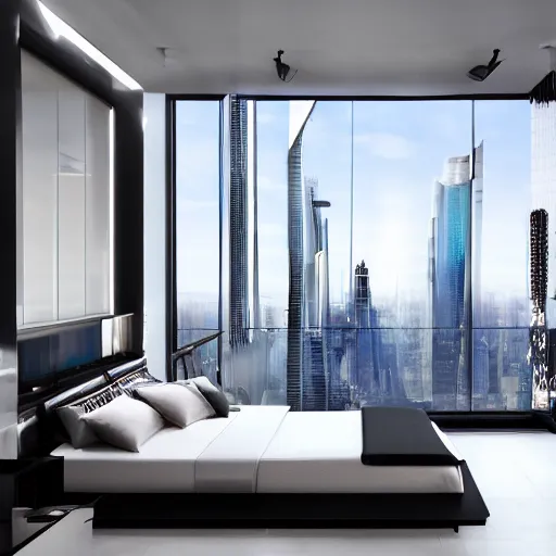 Image similar to a futuristic luxury white bedroom with ceiling high windows looking out to a cyberpunk cityscape