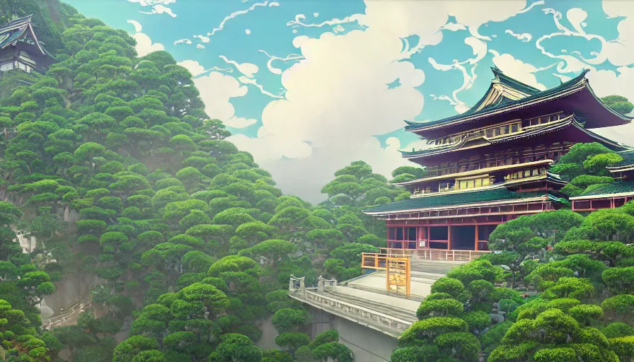 Prompt: misty clouds, japanese buddhist temple with lush plants and secret doors, wes anderson style hotel temple, magic chairlifts. hyper detailed, architectural concept, full building, dynamic angle, intricate, lineart, cerpuscular rays, lily flowers. by yoshitaka amano, alfons mucha and makoto shinkai. 8 k