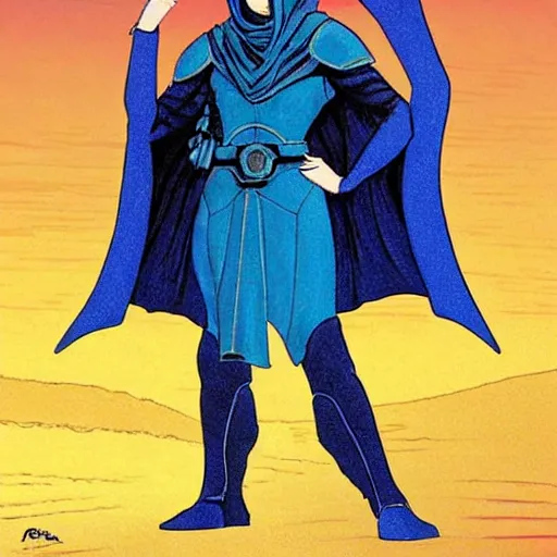 Image similar to paul atreides from dune, bright blue eyes, pensive, wearing still suit, sleek futuristic armor, cape, mughal art, farrukh beg, abd al - samad, mir sayyid ali.