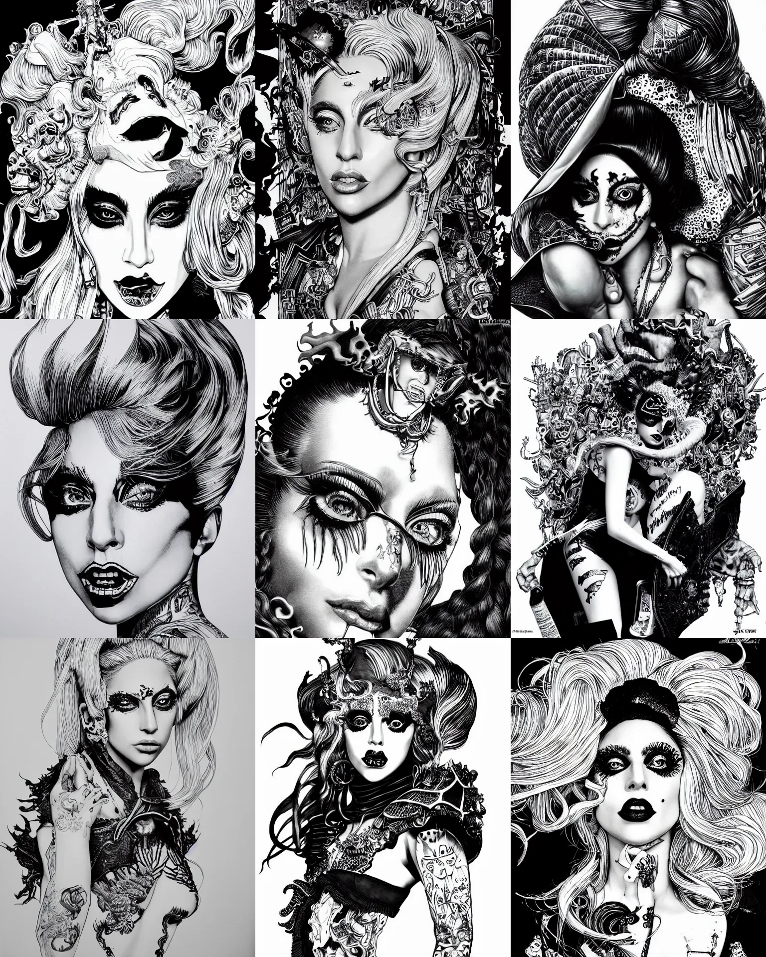 Prompt: highly detailed ink illustration full shot portrait of lady gaga, b & w clean shaped illustration by kim jung gi, ric estrada, ron english and eiichiro oda