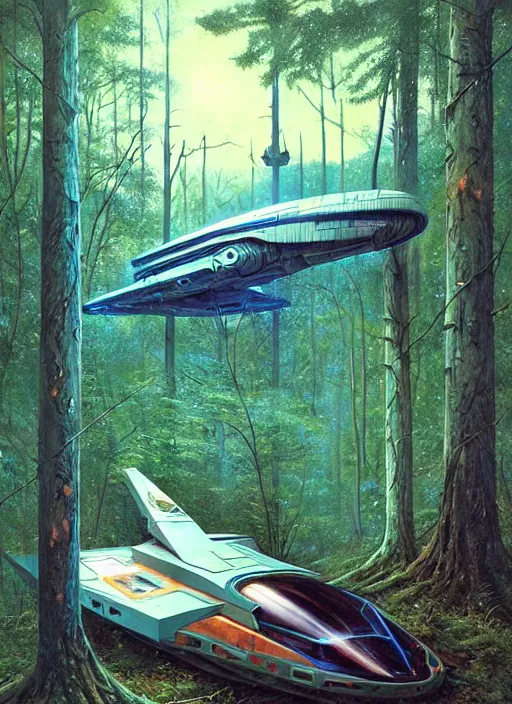 Image similar to hyper realistic spaceship in the woods by a river gorgeous lighting, lush forest foliage blue sky a hyper realistic painting by chiara bautista and beksinski and norman rockwell and greg rutkowski, weta studio, and lucasfilm