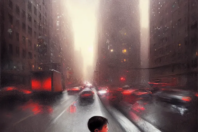 Prompt: beautiful matte painting of boy looking from his window on traffic jam on the streets of neo new york by greg rutkowski