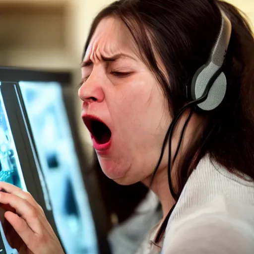 Image similar to A woman yells at her computer out of fear due to his anxiety about the current development of AI-generated graphics and the possibility of imminent job loss.