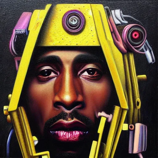 Prompt: a realistic oil painting of tupac shakur as a cybernetic cyborg, surrealism portrait, surrealism album cover