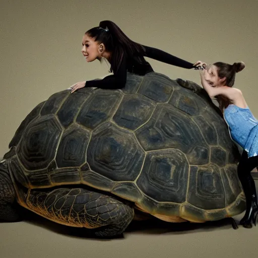 Image similar to ariana grande riding a giant tortoise on concert stage, 8 k resolution, cinematic lighting, anatomically correct